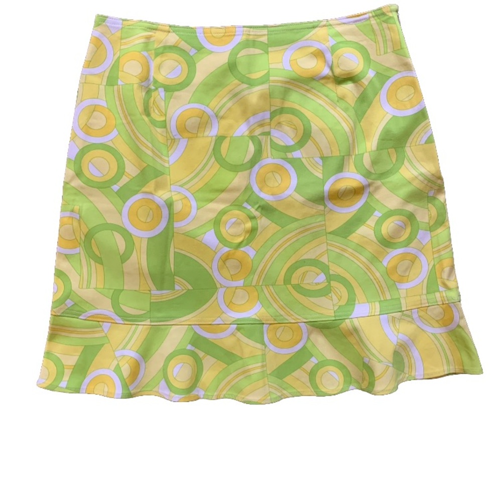 Briggs Petite 8P Vintage 70s Mod Retro Geometric Ruffle Mini Skirt Green Yellow